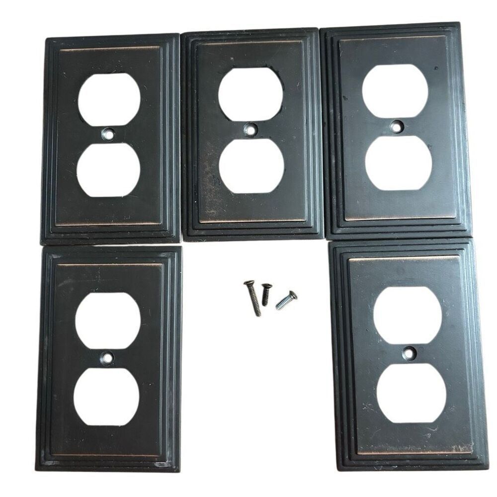 5 AmerTac Heavy Metal Electric Outlet Covers Black With Gold Trim 84D